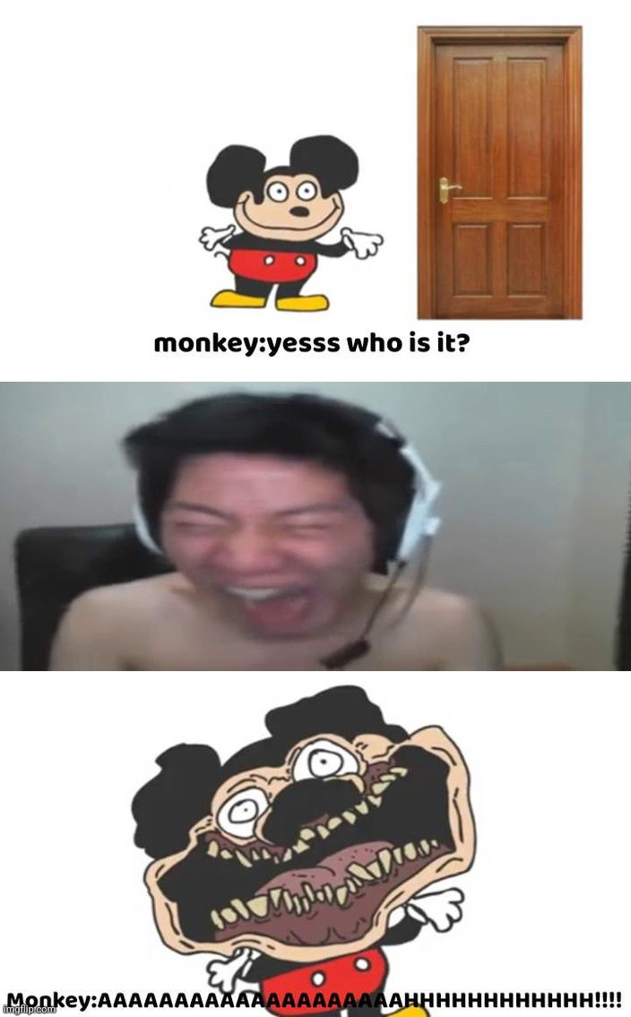 Angry Korean Gamer jumpscares Mokey | image tagged in mokey,angry korean gamer,funny not funny,random | made w/ Imgflip meme maker