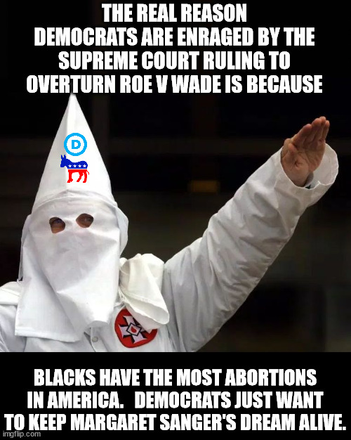 Hey if Democrats are always gonna make extremely ridiculous comments about the right then back at you. | THE REAL REASON DEMOCRATS ARE ENRAGED BY THE SUPREME COURT RULING TO OVERTURN ROE V WADE IS BECAUSE; BLACKS HAVE THE MOST ABORTIONS IN AMERICA.   DEMOCRATS JUST WANT TO KEEP MARGARET SANGER'S DREAM ALIVE. | image tagged in kkk,margaret sanger,the negro project,planned parenthood,black abortion rate | made w/ Imgflip meme maker