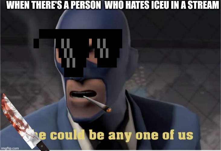 I will find him, I will capture him, then nobody will ever die again | WHEN THERE'S A PERSON  WHO HATES ICEU IN A STREAM | image tagged in he could be anyone of us,spy,tf2,meme,memers,iceu | made w/ Imgflip meme maker