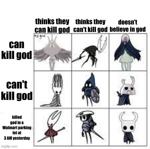 image tagged in memes,hollow knight,god,killing god,monomon,unfunny | made w/ Imgflip meme maker