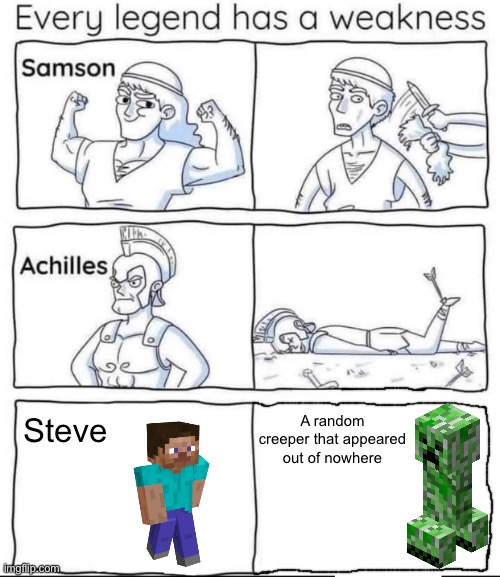 Every Legend Has a Weakness Blank | A random creeper that appeared out of nowhere; Steve | image tagged in every legend has a weakness blank | made w/ Imgflip meme maker