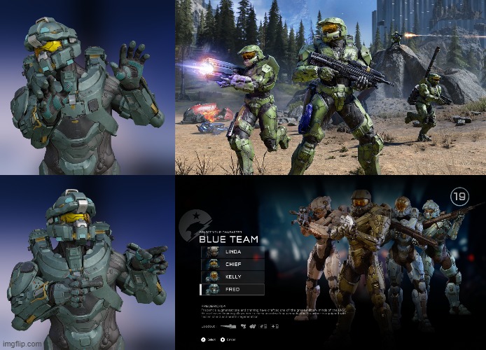 Halo 5 co-op is better than Halo Infinite co-op because Chief clones make ZERO sense! | image tagged in halo 5,blue team,fred-104,linda-058,kelly-087,master chief | made w/ Imgflip meme maker