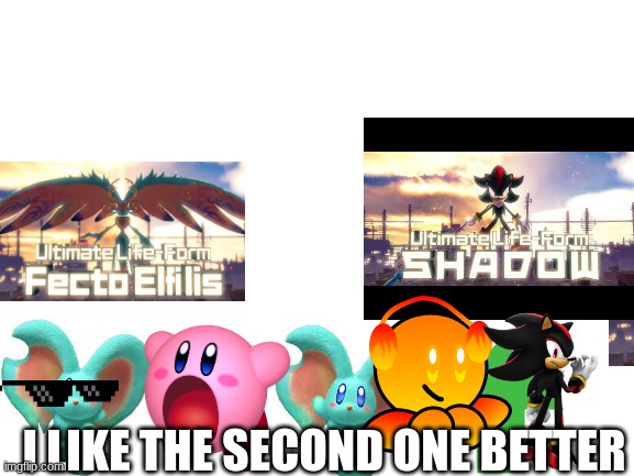 Idk |  I LIKE THE SECOND ONE BETTER | image tagged in blank white template,kirby,shadow the hedgehog,elflin,fire ball,deal with it | made w/ Imgflip meme maker