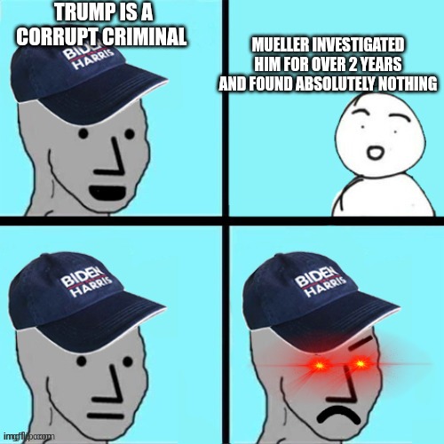 Blue hat npc | TRUMP IS A CORRUPT CRIMINAL MUELLER INVESTIGATED HIM FOR OVER 2 YEARS AND FOUND ABSOLUTELY NOTHING | image tagged in blue hat npc | made w/ Imgflip meme maker