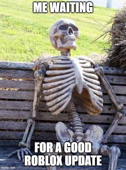 Waiting Skeleton Meme | ME WAITING; FOR A GOOD ROBLOX UPDATE | image tagged in memes,waiting skeleton,roblox meme,roblox needs to improve | made w/ Imgflip meme maker