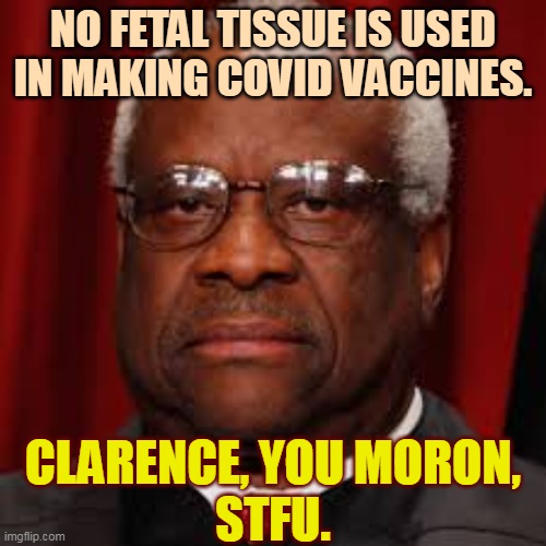 Wake up, Clarence. Snap out of it. Crack-brained conspiracy twaddle has no place on the Supreme Court. | NO FETAL TISSUE IS USED IN MAKING COVID VACCINES. CLARENCE, YOU MORON,
STFU. | image tagged in clarence thomas unhappy,clarence,thomas,stupid,moron,jerk | made w/ Imgflip meme maker