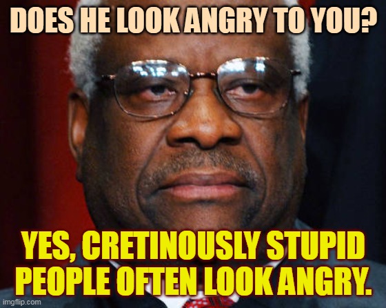 Clarence Thomas has never disappointed. Every time you think he's impossibly stupid, he's been even stupider. | DOES HE LOOK ANGRY TO YOU? YES, CRETINOUSLY STUPID PEOPLE OFTEN LOOK ANGRY. | image tagged in angry clarence thomas,idiot,fool,stupid,cretin | made w/ Imgflip meme maker