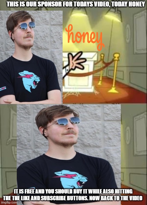 mrbeast sponsoring Honey again | THIS IS OUR SPONSOR FOR TODAYS VIDEO, TODAY HONEY; IT IS FREE AND YOU SHOULD BUY IT WHILE ALSO HITTING THE THE LIKE AND SUBSCRIBE BUTTONS. NOW BACK TO THE VIDEO | image tagged in memes,this is where i'd put my trophy if i had one | made w/ Imgflip meme maker
