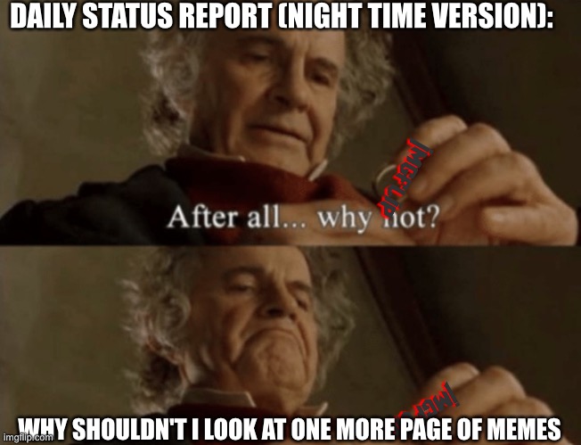 . | DAILY STATUS REPORT (NIGHT TIME VERSION):; WHY SHOULDN'T I LOOK AT ONE MORE PAGE OF MEMES | image tagged in after all why not,daily,status,report | made w/ Imgflip meme maker