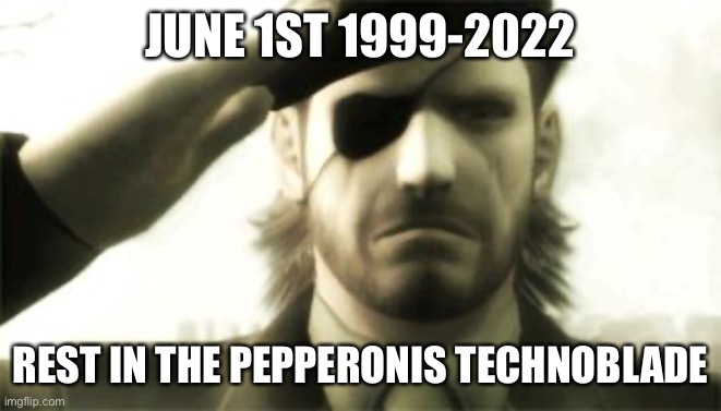 Big Boss Salute | JUNE 1ST 1999-2022; REST IN THE PEPPERONIS TECHNOBLADE | image tagged in big boss salute | made w/ Imgflip meme maker