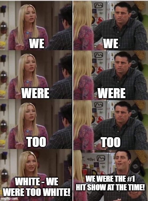 True - nobody counted which races & orientations were represented on each show, they just watched. | WE; WE; WERE; WERE; TOO; TOO; WE WERE THE #1 HIT SHOW AT THE TIME! WHITE - WE WERE TOO WHITE! | image tagged in phoebe joey,friends,racist | made w/ Imgflip meme maker