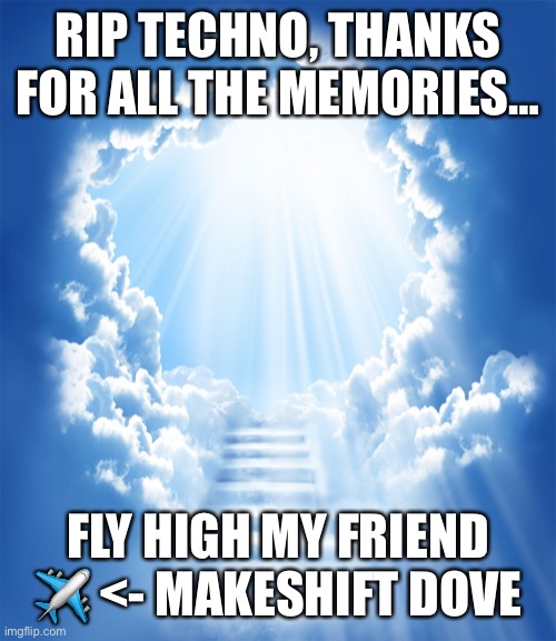 See ya man | RIP TECHNO, THANKS FOR ALL THE MEMORIES…; FLY HIGH MY FRIEND ✈️ <- MAKESHIFT DOVE | image tagged in heaven | made w/ Imgflip meme maker