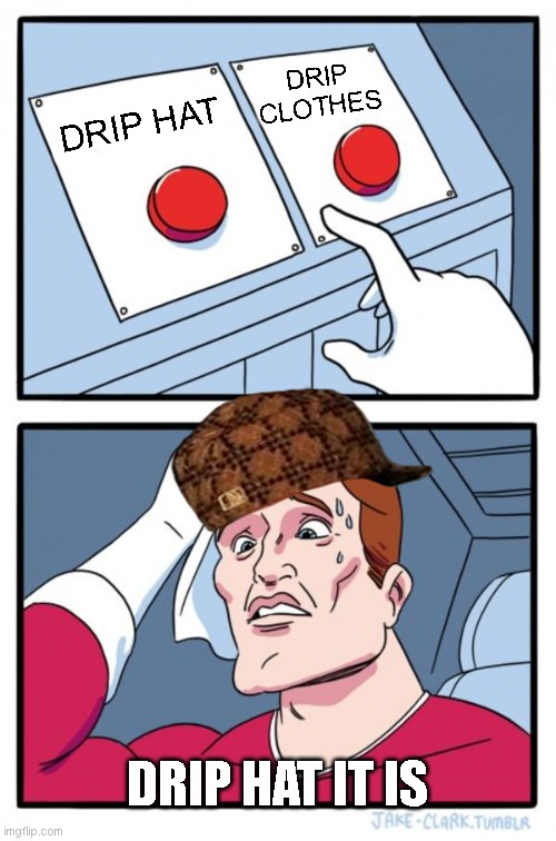 PICK ONE GET ONE | DRIP CLOTHES; DRIP HAT; DRIP HAT IT IS | image tagged in memes,two buttons | made w/ Imgflip meme maker
