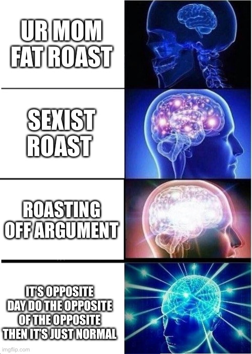 Expanding Brain | UR MOM FAT ROAST; SEXIST ROAST; ROASTING OFF ARGUMENT; IT’S OPPOSITE DAY DO THE OPPOSITE OF THE OPPOSITE THEN IT’S JUST NORMAL | image tagged in memes,expanding brain | made w/ Imgflip meme maker