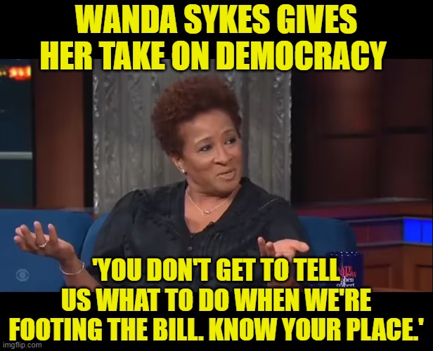 So the rich elites are more important than the individual voters & the constitution? Got it! | WANDA SYKES GIVES HER TAKE ON DEMOCRACY; 'YOU DON'T GET TO TELL US WHAT TO DO WHEN WE'RE FOOTING THE BILL. KNOW YOUR PLACE.' | image tagged in wanda sykes,democracy,rich elites | made w/ Imgflip meme maker