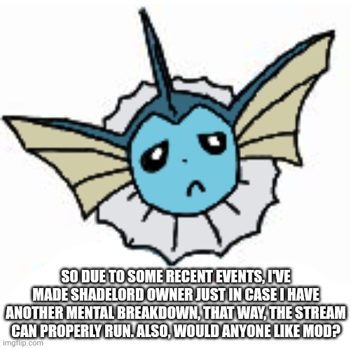 Vaporeon (sad) | SO DUE TO SOME RECENT EVENTS, I'VE MADE SHADELORD OWNER JUST IN CASE I HAVE ANOTHER MENTAL BREAKDOWN, THAT WAY, THE STREAM CAN PROPERLY RUN. ALSO, WOULD ANYONE LIKE MOD? | image tagged in vaporeon sad | made w/ Imgflip meme maker