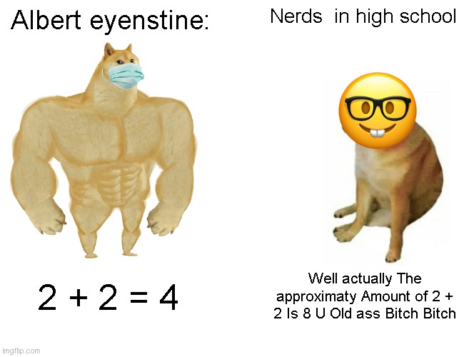 Buff Doge vs. Cheems Meme | Albert eyenstine:; Nerds  in high school; 2 + 2 = 4; Well actually The approximaty Amount of 2 + 2 Is 8 U Old ass Bitch Bitch | image tagged in memes,buff doge vs cheems,nerds,doge | made w/ Imgflip meme maker