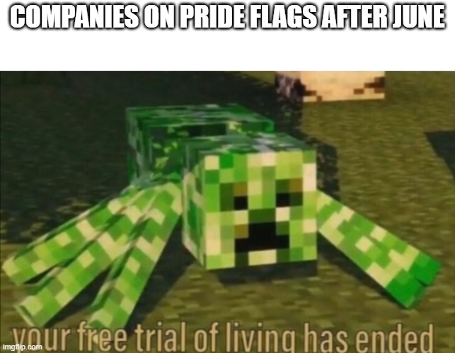 companies after june | COMPANIES ON PRIDE FLAGS AFTER JUNE | image tagged in your free trial of living has ended | made w/ Imgflip meme maker