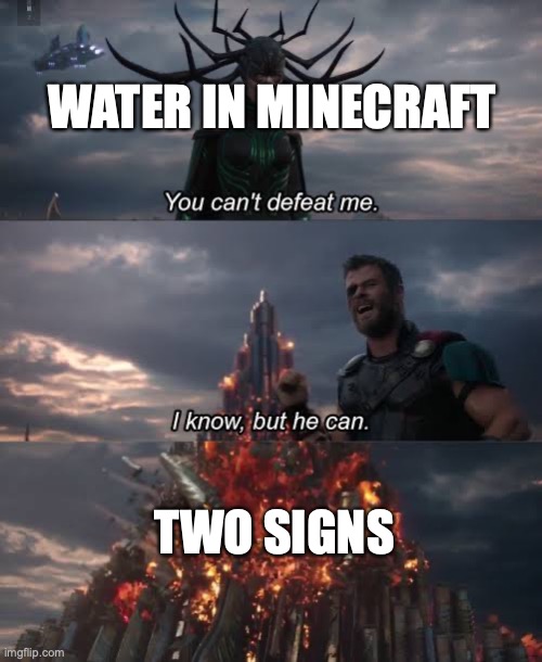 Thor Ragnarok Meme | WATER IN MINECRAFT; TWO SIGNS | image tagged in thor ragnarok meme | made w/ Imgflip meme maker