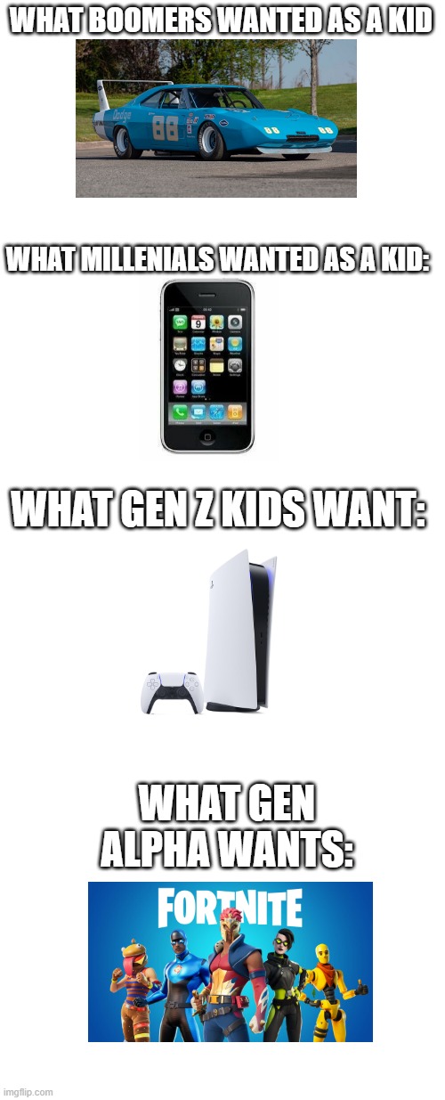  WHAT BOOMERS WANTED AS A KID; WHAT MILLENIALS WANTED AS A KID:; WHAT GEN Z KIDS WANT:; WHAT GEN ALPHA WANTS: | image tagged in blank white template,memes,gen z,boomers,ps5,fortnite sucks | made w/ Imgflip meme maker