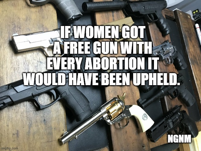 we suck |  IF WOMEN GOT A FREE GUN WITH EVERY ABORTION IT WOULD HAVE BEEN UPHELD. NGNM | image tagged in guns,abortion | made w/ Imgflip meme maker