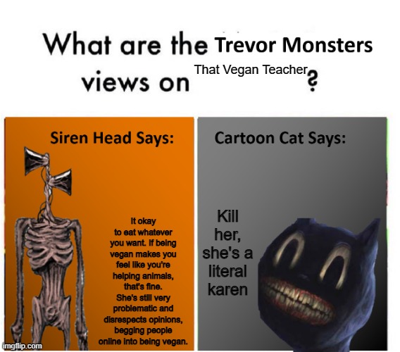 I'm with Siren Head | That Vegan Teacher; It okay to eat whatever you want. If being vegan makes you feel like you're helping animals, that's fine. She's still very problematic and disrespects opinions, begging people online into being vegan. Kill her, she's a literal karen | image tagged in trevor monsters views,trevor henderson,siren head,cartoon cat,that vegan teacher | made w/ Imgflip meme maker