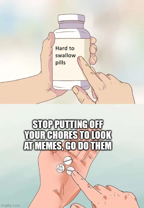 Hard To Swallow Pills | STOP PUTTING OFF YOUR CHORES TO LOOK AT MEMES, GO DO THEM | image tagged in memes,hard to swallow pills | made w/ Imgflip meme maker
