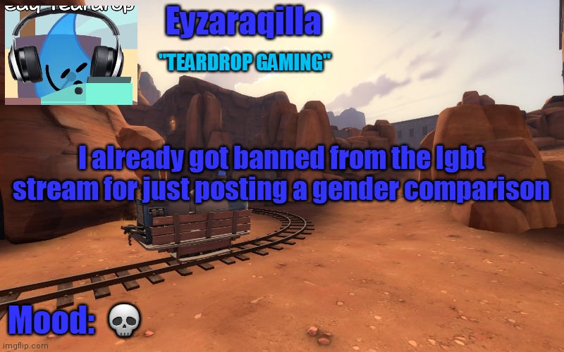 Eyzaraqilla temp v2 | I already got banned from the lgbt stream for just posting a gender comparison; 💀 | image tagged in eyzaraqilla temp v2 | made w/ Imgflip meme maker