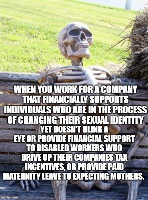 Waiting Skeleton | WHEN YOU WORK FOR A COMPANY THAT FINANCIALLY SUPPORTS INDIVIDUALS WHO ARE IN THE PROCESS OF CHANGING THEIR SEXUAL IDENTITY; YET DOESN'T BLINK A EYE OR PROVIDE FINANCIAL SUPPORT TO DISABLED WORKERS WHO DRIVE UP THEIR COMPANIES TAX INCENTIVES, OR PROVIDE PAID MATERNITY LEAVE TO EXPECTING MOTHERS. | image tagged in memes,waiting skeleton | made w/ Imgflip meme maker