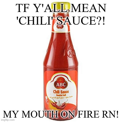 TF Y'ALL MEAN 'CHILI' SAUCE?! MY MOUTH ON FIRE RN! | made w/ Imgflip meme maker