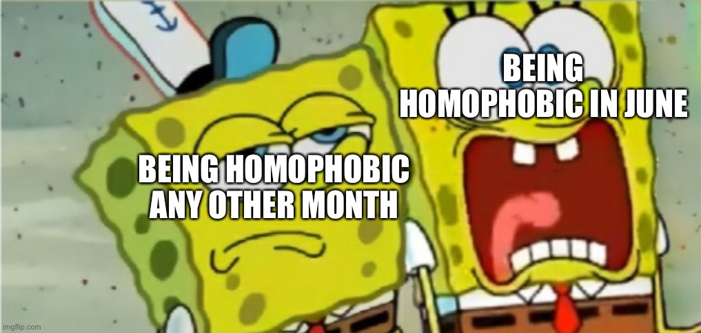 Pride month ended 33 minutes ago so lots of flag burning by big business coming |  BEING HOMOPHOBIC IN JUNE; BEING HOMOPHOBIC ANY OTHER MONTH | image tagged in spongebob scared and not scared no ghoul,pride month,gay,gay pride,pride month ends,homophobia | made w/ Imgflip meme maker