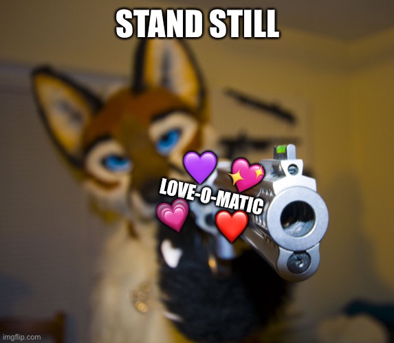 Stand still <3 | STAND STILL; 💜; 💖; LOVE-O-MATIC; 💗; ❤️ | image tagged in furry with gun,wholesome | made w/ Imgflip meme maker
