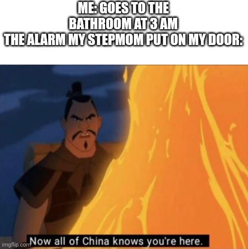 Now all of China knows you're here | ME: GOES TO THE BATHROOM AT 3 AM
THE ALARM MY STEPMOM PUT ON MY DOOR: | image tagged in now all of china knows you're here | made w/ Imgflip meme maker