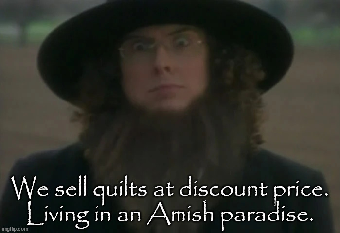 We sell quilts at discount price.
Living in an Amish paradise. | made w/ Imgflip meme maker