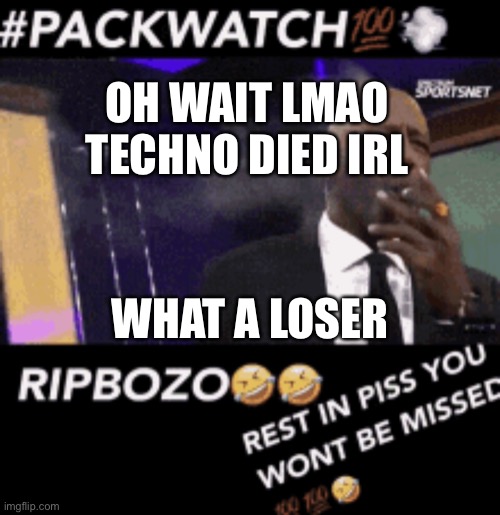 RIPBOZO | OH WAIT LMAO TECHNO DIED IRL; WHAT A LOSER | image tagged in ripbozo | made w/ Imgflip meme maker