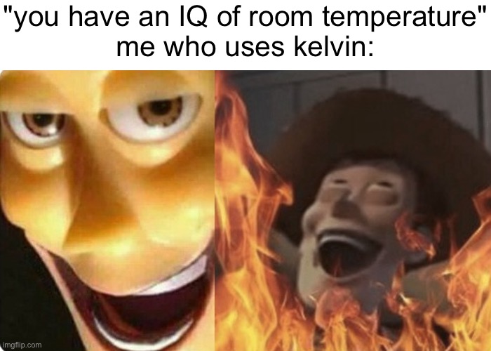the best temperature scale :) | "you have an IQ of room temperature"
me who uses kelvin: | image tagged in evil woody,kelvin,temperature | made w/ Imgflip meme maker