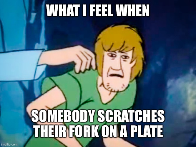 seriously tho | WHAT I FEEL WHEN; SOMEBODY SCRATCHES THEIR FORK ON A PLATE | image tagged in shaggy meme | made w/ Imgflip meme maker