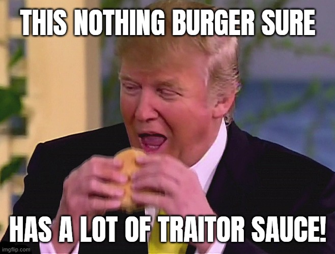 JAN 6 BURGER with TRAITOR SAUCE | THIS NOTHING BURGER SURE; HAS A LOT OF TRAITOR SAUCE! | image tagged in traitor,trump,treason,nothing burger,not,nothing | made w/ Imgflip meme maker