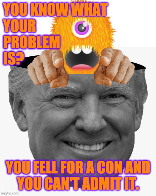 Figure it out. | YOU KNOW WHAT
YOUR
PROBLEM
IS? YOU FELL FOR A CON AND
YOU CAN'T ADMIT IT. | image tagged in memes,don the con,orange monster,there i said it | made w/ Imgflip meme maker