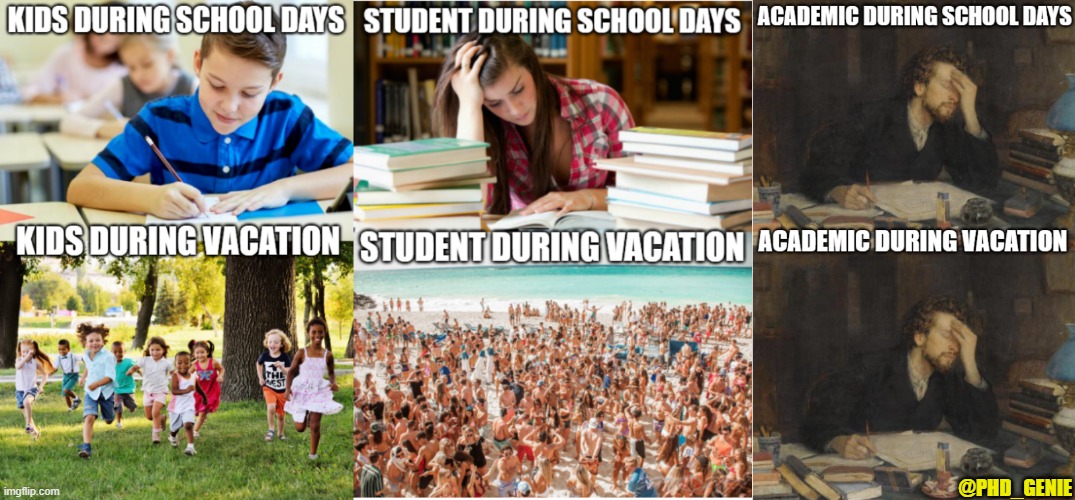 academic's vacation | @PHD_GENIE | image tagged in phd,writers | made w/ Imgflip meme maker