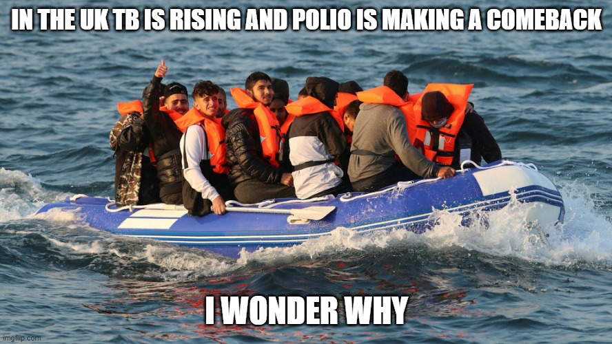 Asylum seekers | IN THE UK TB IS RISING AND POLIO IS MAKING A COMEBACK; I WONDER WHY | image tagged in asylum seekers | made w/ Imgflip meme maker