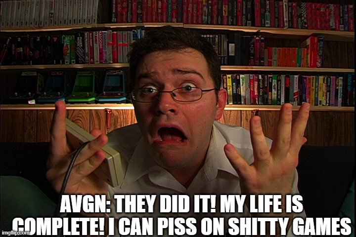 AVGN What were they thinking? | AVGN: THEY DID IT! MY LIFE IS COMPLETE! I CAN PISS ON SHITTY GAMES | image tagged in avgn what were they thinking | made w/ Imgflip meme maker
