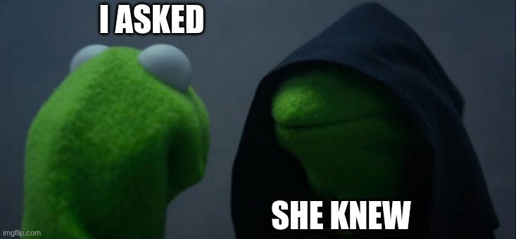 Simpleton? | I ASKED; SHE KNEW | image tagged in memes,evil kermit | made w/ Imgflip meme maker