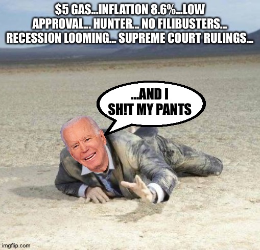 Dying of thirst | $5 GAS...INFLATION 8.6%...LOW APPROVAL... HUNTER... NO FILIBUSTERS... RECESSION LOOMING... SUPREME COURT RULINGS... ...AND I SH!T MY PANTS | image tagged in dying of thirst | made w/ Imgflip meme maker