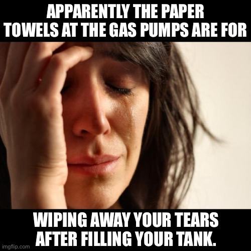 Gas | APPARENTLY THE PAPER TOWELS AT THE GAS PUMPS ARE FOR; WIPING AWAY YOUR TEARS AFTER FILLING YOUR TANK. | image tagged in memes,first world problems | made w/ Imgflip meme maker