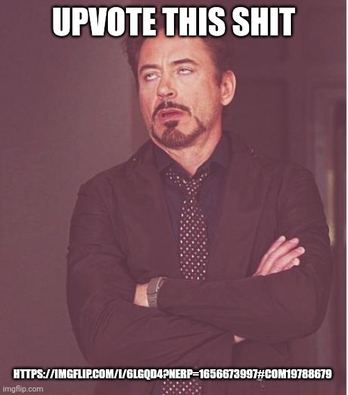 Face You Make Robert Downey Jr Meme | UPVOTE THIS SHIT; HTTPS://IMGFLIP.COM/I/6LGQD4?NERP=1656673997#COM19788679 | image tagged in memes,face you make robert downey jr | made w/ Imgflip meme maker