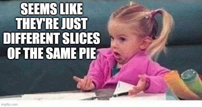 Shrugging kid | SEEMS LIKE THEY'RE JUST DIFFERENT SLICES OF THE SAME PIE | image tagged in shrugging kid | made w/ Imgflip meme maker