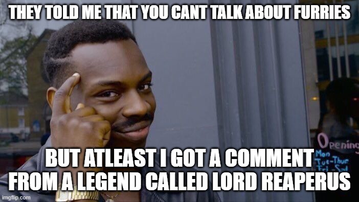 ha ha got u there | THEY TOLD ME THAT YOU CANT TALK ABOUT FURRIES; BUT ATLEAST I GOT A COMMENT FROM A LEGEND CALLED LORD REAPERUS | image tagged in memes,roll safe think about it,lord of the flies | made w/ Imgflip meme maker