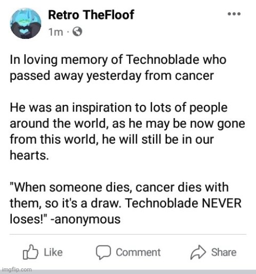 Needed to share this with you all | image tagged in technoblade,dream smp,minecraft,facebook,memorial | made w/ Imgflip meme maker
