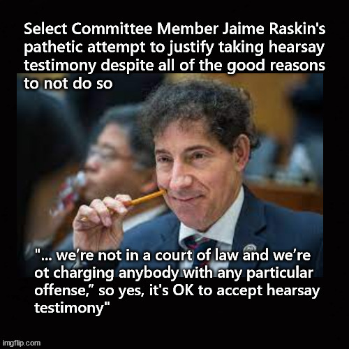 Jan 6 committee accepts hearsay testimony | image tagged in jaime raskin,due process,hearsay | made w/ Imgflip meme maker